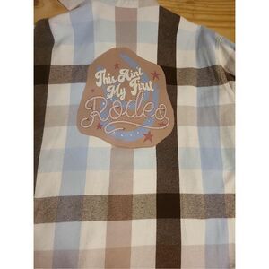 Feelin Groovy Upcycled Shacket XL Blue Tan Flannel Rodeo Western